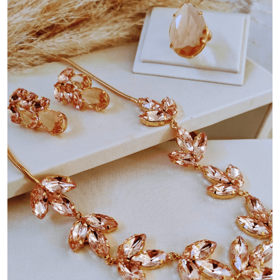 KIT COLAR ANEL BRINCO AMBAR DOURADO Cor:AMBAR