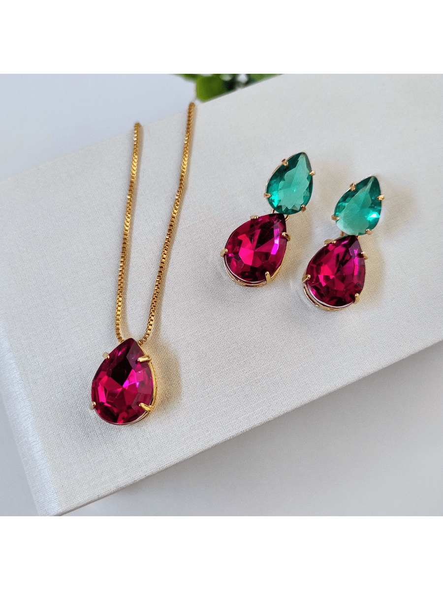 KIT COLAR COM BRINCO LANNA Cor:TURMALINA/PINK