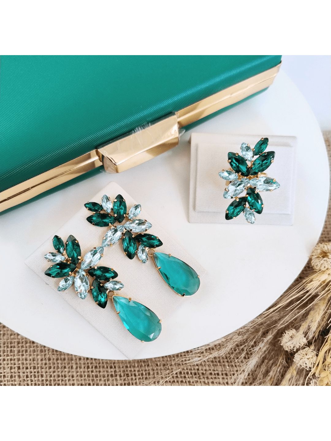 Kit Clutch Brinco e Anel Londres Tons de Verde