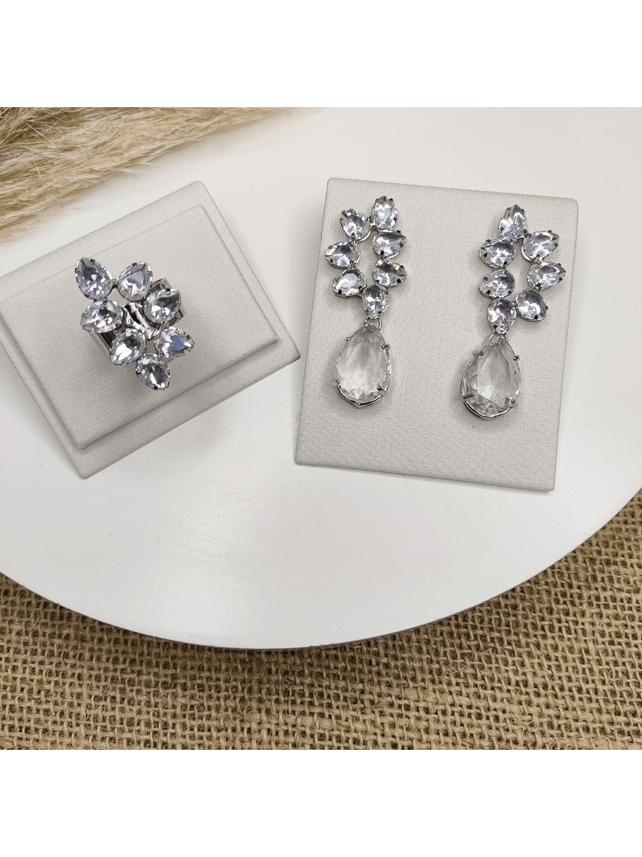 KIT ANEL REGULÁVEL E BRINCO DE ZIRCÔNIA Cristal WALL BANHO PRATA Cor:cristal
