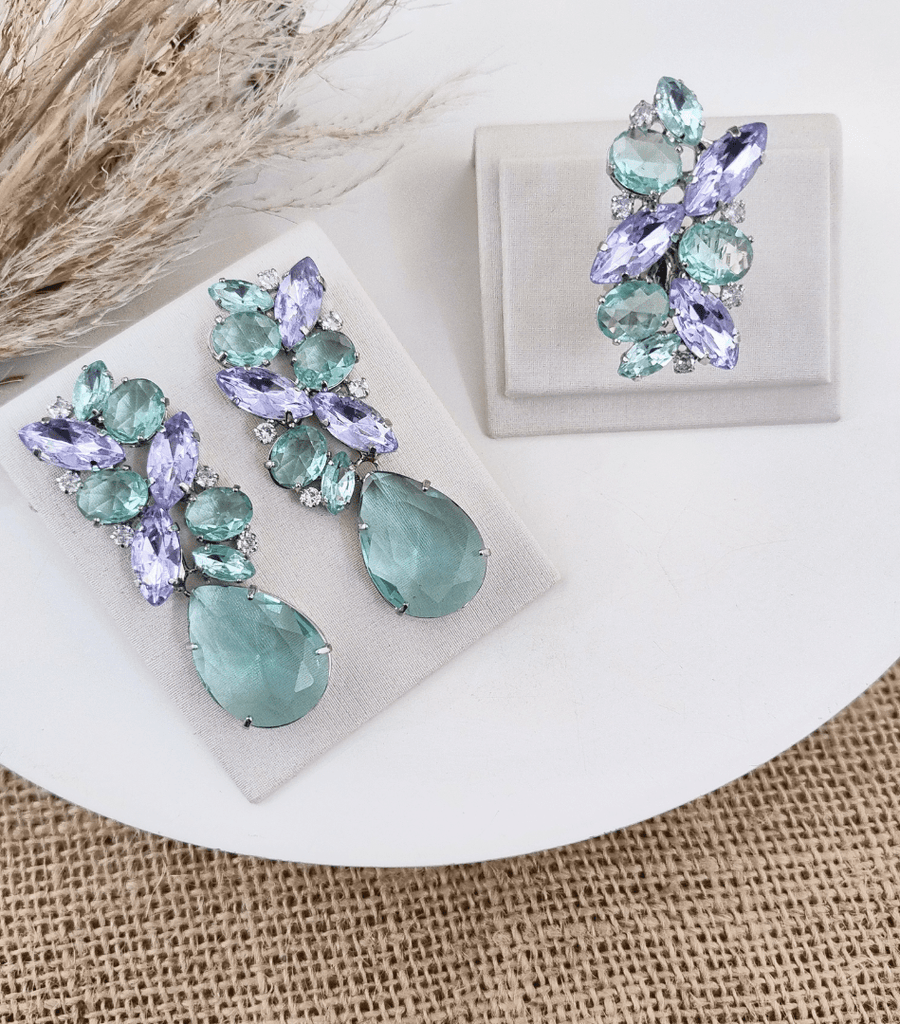 KIT ANEL COM BRINCO RENATA LAVANDA COM MENTA BANHO NIQUEL Cor:LAVANDA COM MENTA