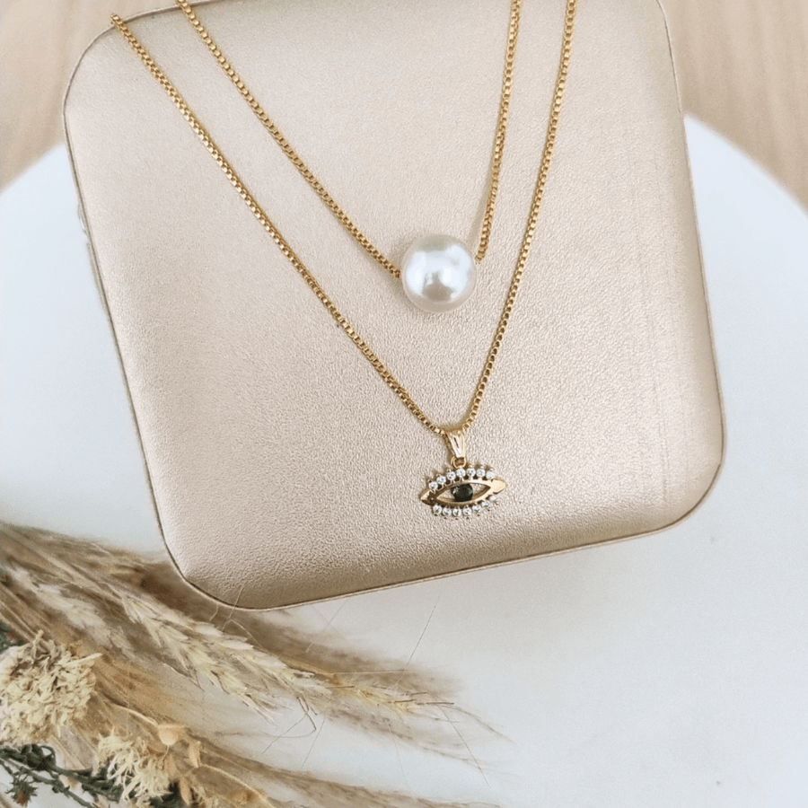 COLAR DUPLO PEROLA E OLHO GREGO Cor:Dourado