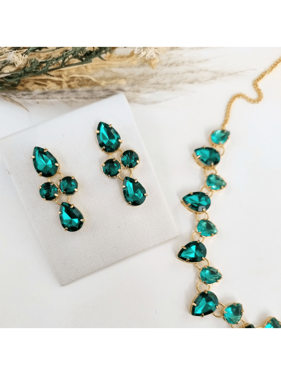 KIT COLAR E BRINCO MIRIAN PRINCESS ESMERALDA Cor:TONS DE VERDE