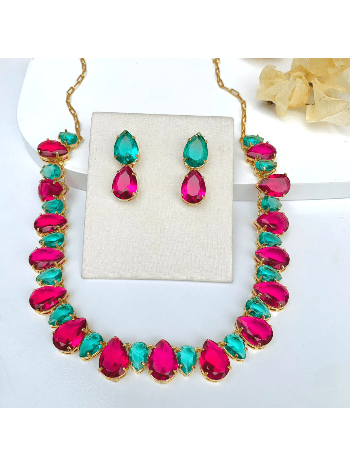 KIT COLAR E BRINCO PINK COM TURMALINA DE ZIRCONIA CHRIS Cor:TURMALINA/PINK