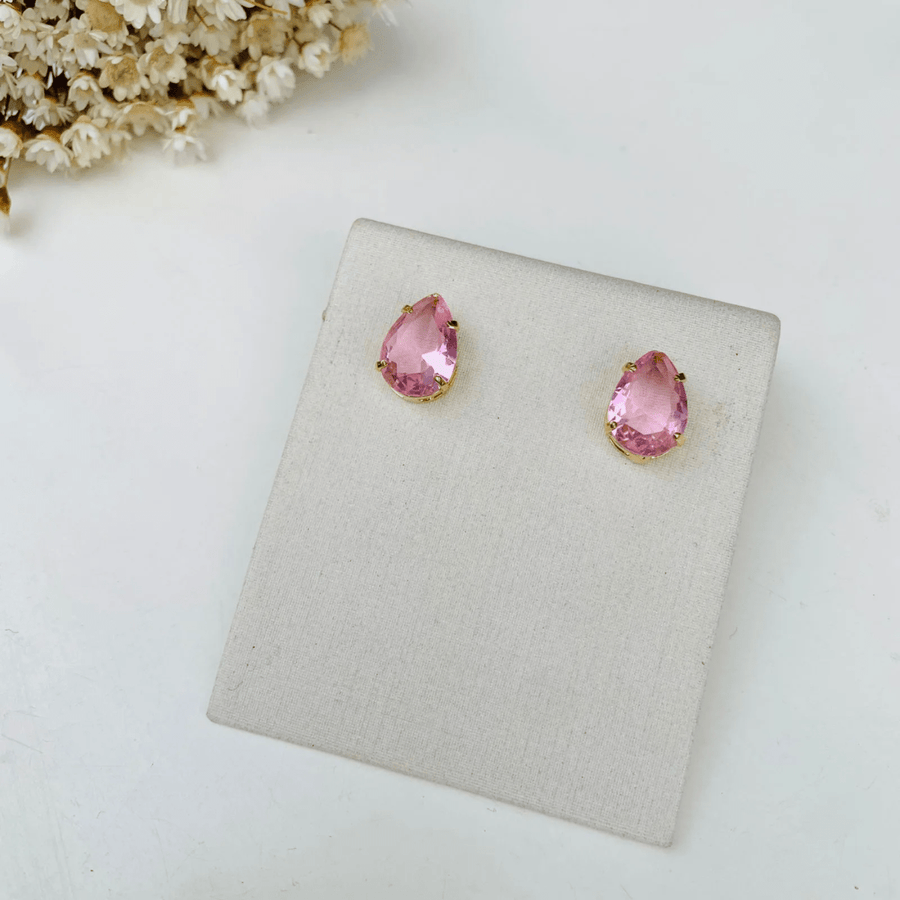 BRINCO GOTINHA ROSA CLARO ZIRCONIA BANHO OURO Cor:Rosa Bebê