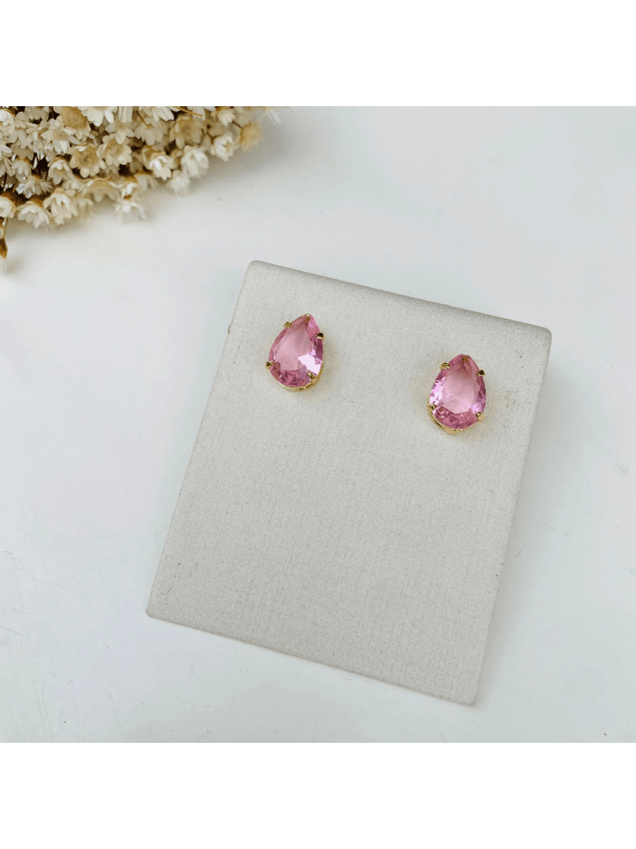 BRINCO GOTINHA ROSA CLARO ZIRCONIA BANHO OURO Cor:Rosa Bebê
