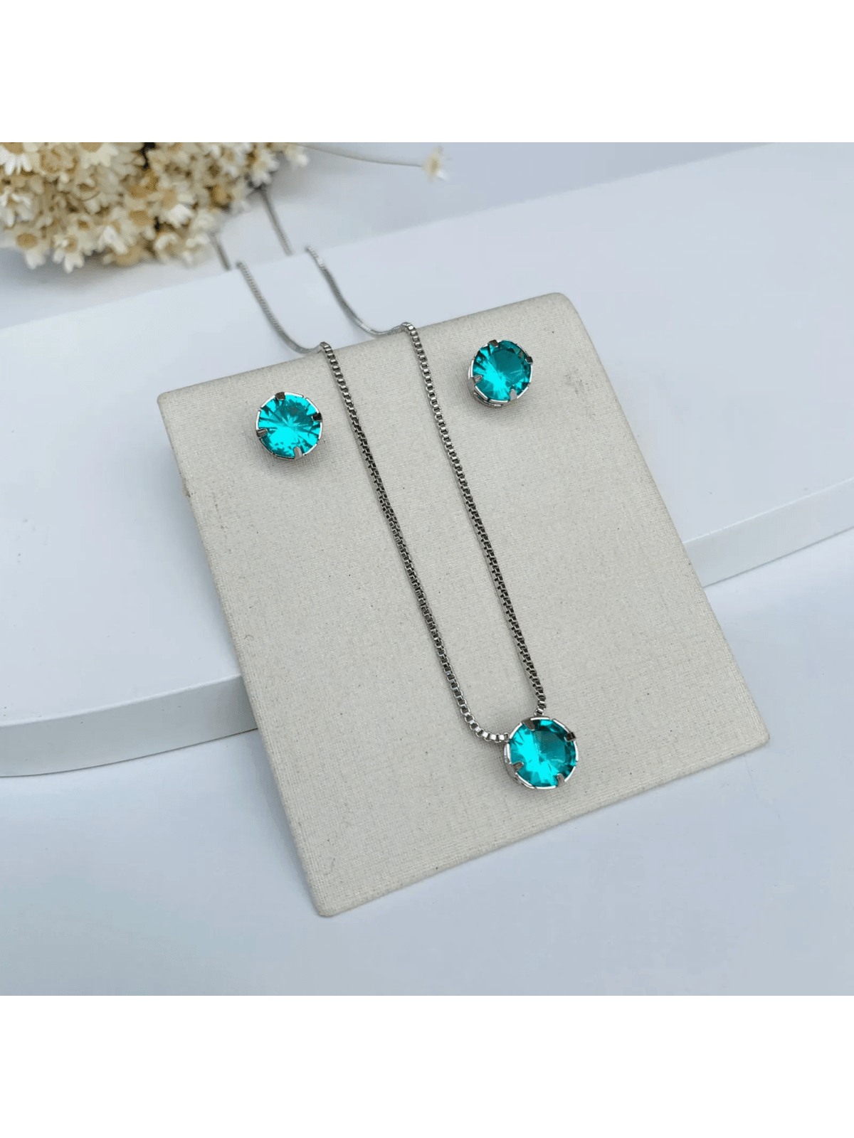 KIT COLAR COM BRINCO PONTO DE LUZ VERDE TURMALINA Cor:Prata