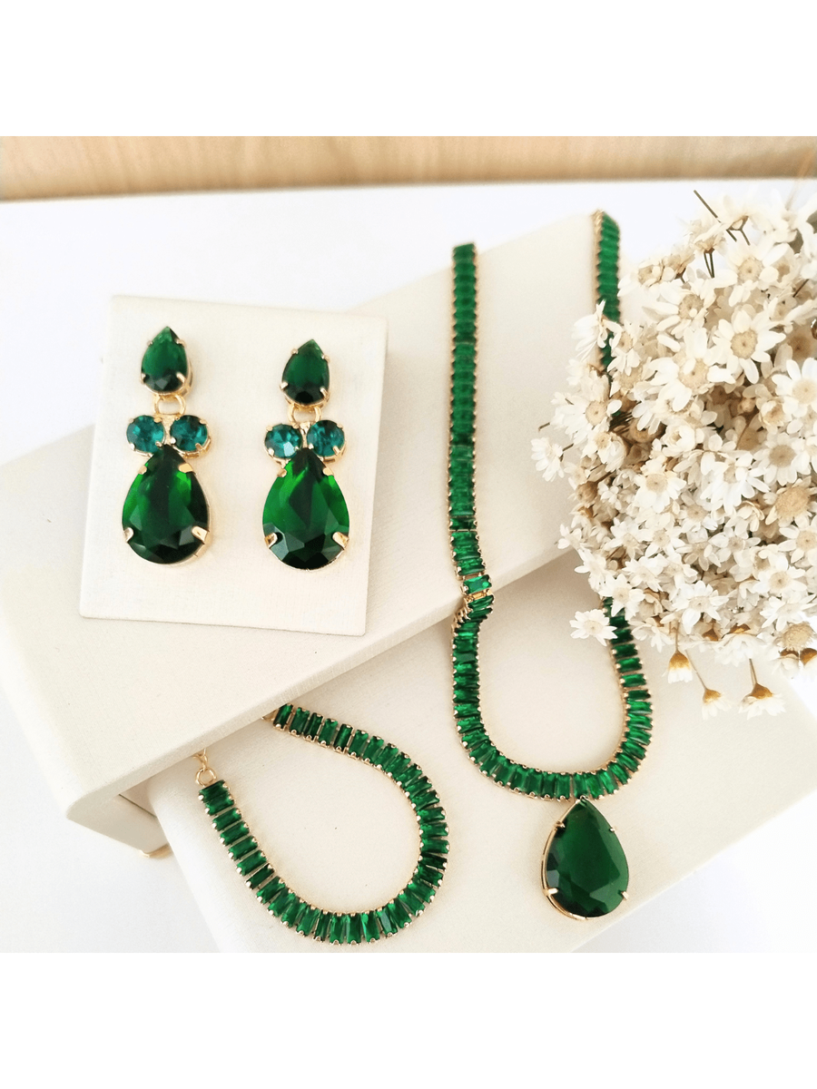 KIT COLAR, BRINCO E PULSEIRA VERDE PRIN Cor:ESMERALDA
