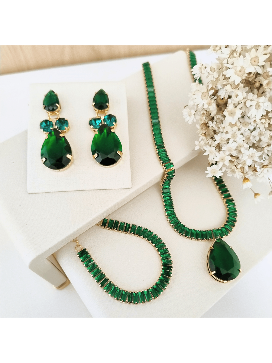 KIT COLAR, BRINCO E PULSEIRA VERDE PRIN Cor:ESMERALDA
