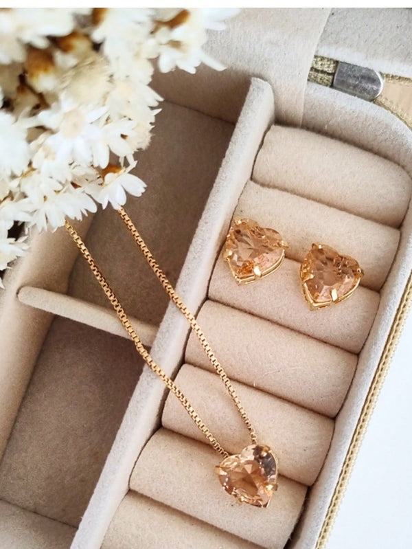 KIT COLAR COM BRINCO CORAÇÃO PEDRA ZIRCONIA Cor:AMBAR
