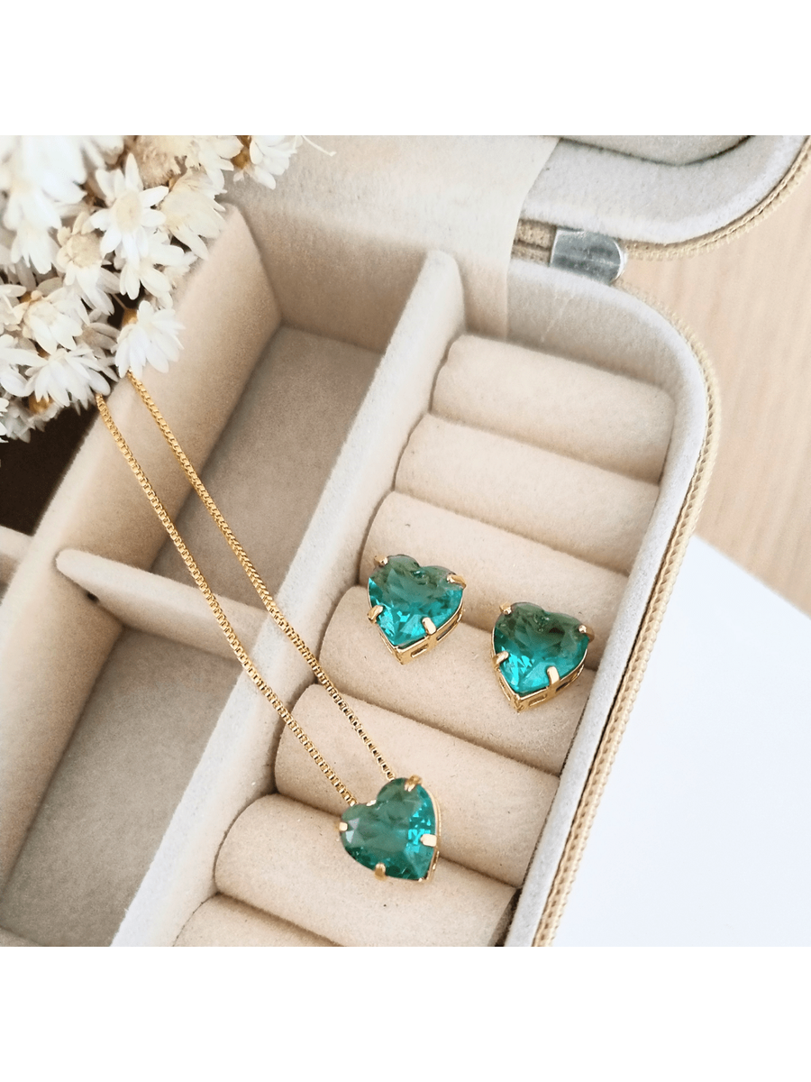 KIT COLAR COM BRINCO CORAÇÃO PEDRA ZIRCONIA Cor:TURMALINA