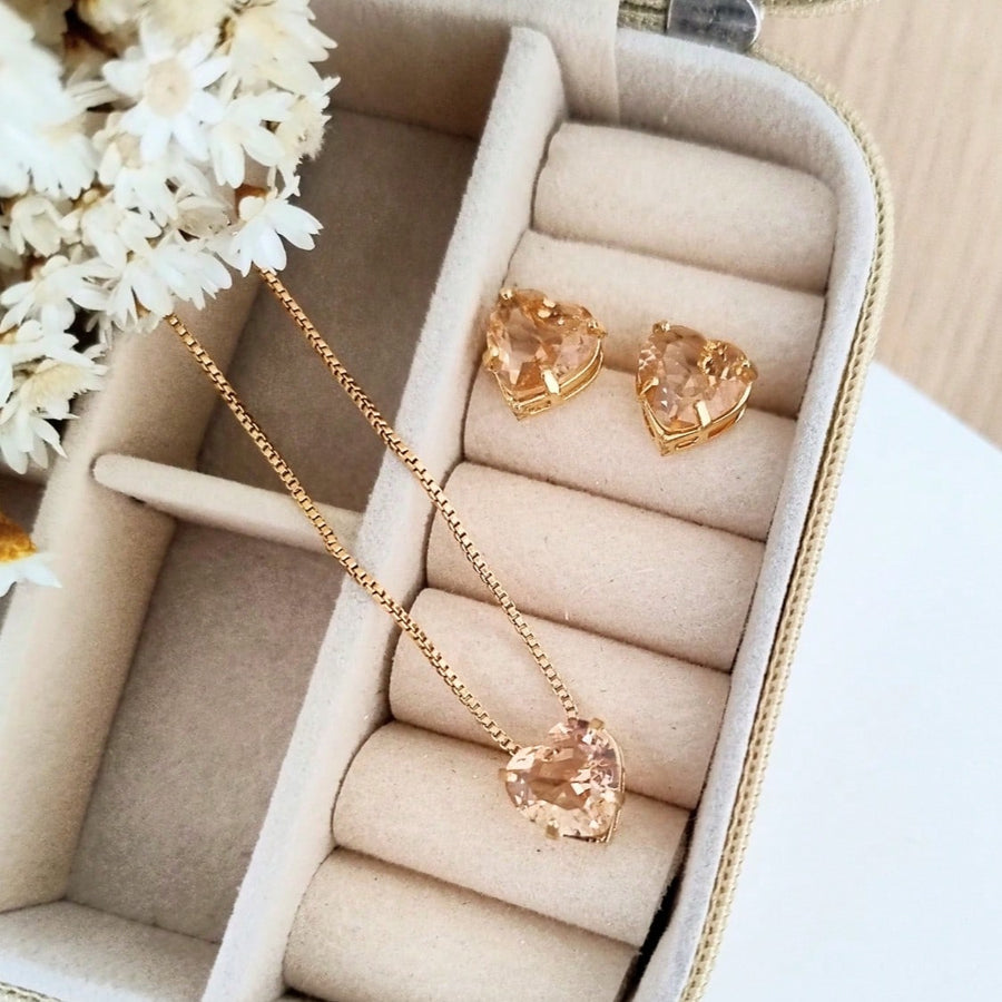 KIT COLAR COM BRINCO CORAÇÃO PEDRA ZIRCONIA Cor:AMBAR