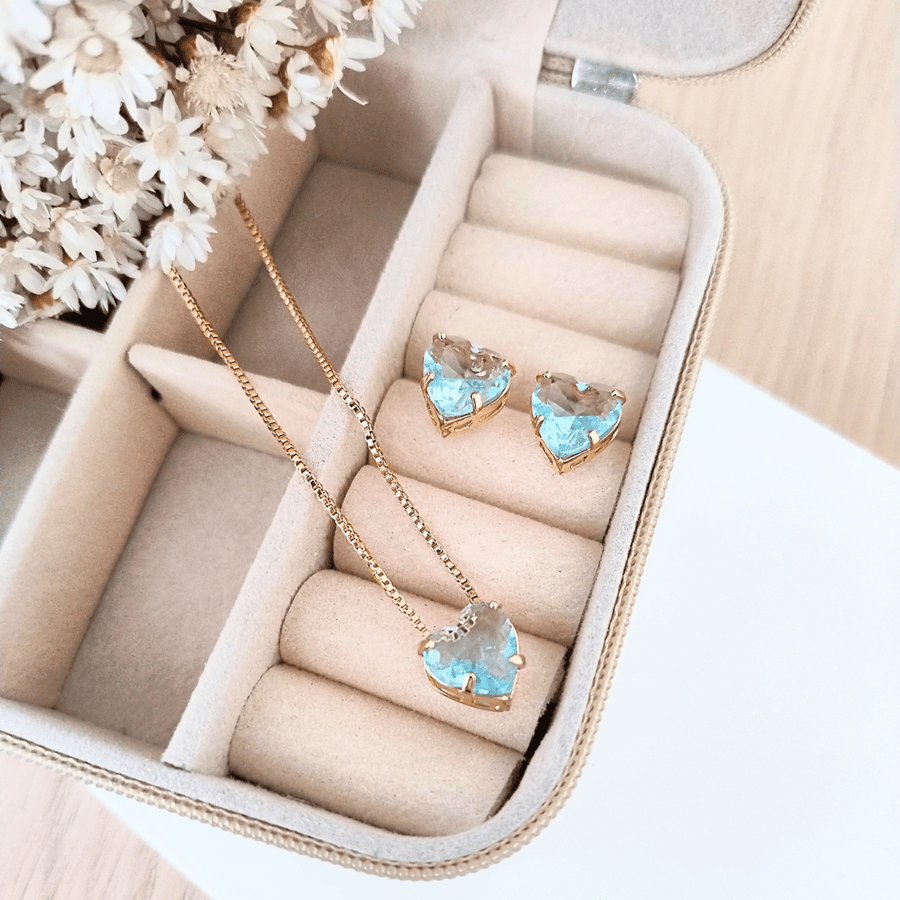 KIT COLAR COM BRINCO CORAÇÃO PEDRA ZIRCONIA Cor:Azul