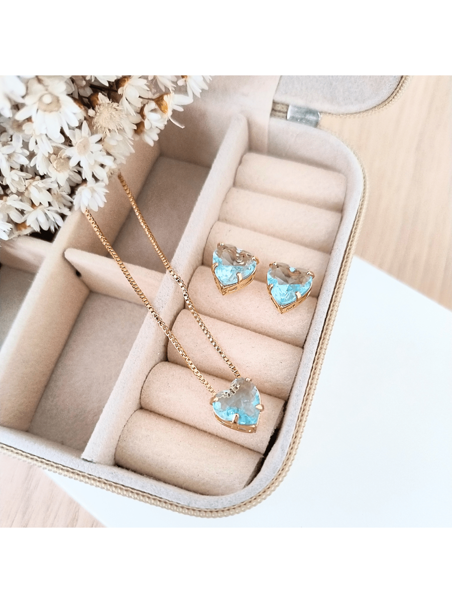 KIT COLAR COM BRINCO CORAÇÃO PEDRA ZIRCONIA Cor:Azul
