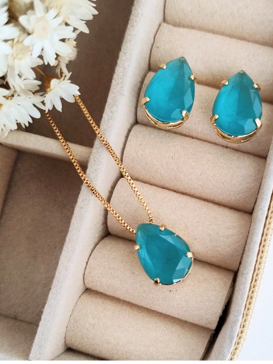 KIT GOTINHA COLAR COM BRINCO TURQUESA FOSCO DE ZIRCONIA Cor:TURQUESA