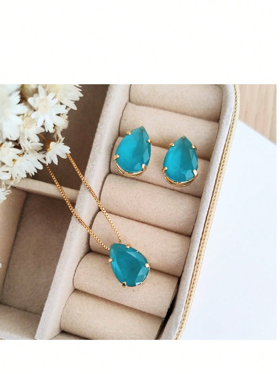 KIT GOTINHA COLAR COM BRINCO TURQUESA FOSCO DE ZIRCONIA Cor:TURQUESA