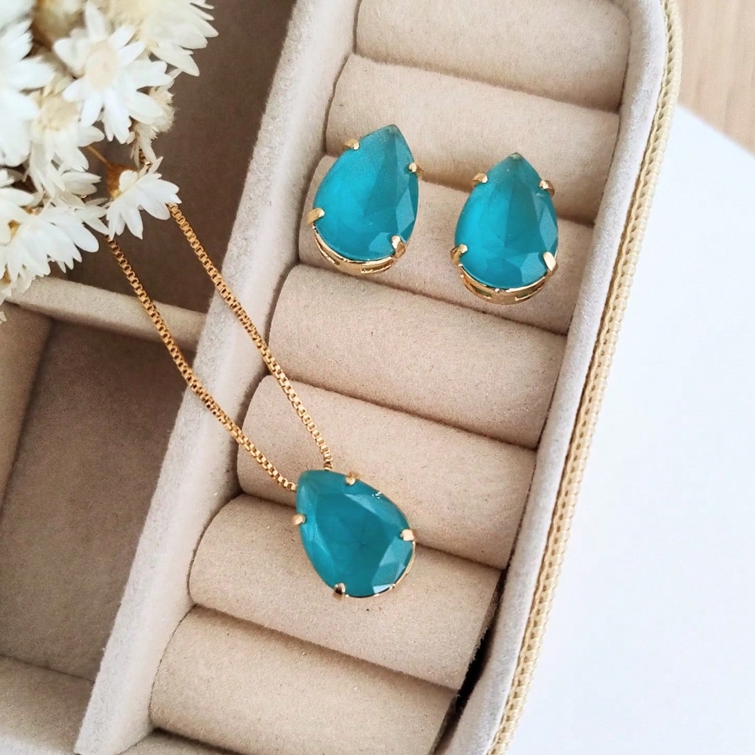 KIT GOTINHA COLAR COM BRINCO TURQUESA FOSCO DE ZIRCONIA Cor:TURQUESA