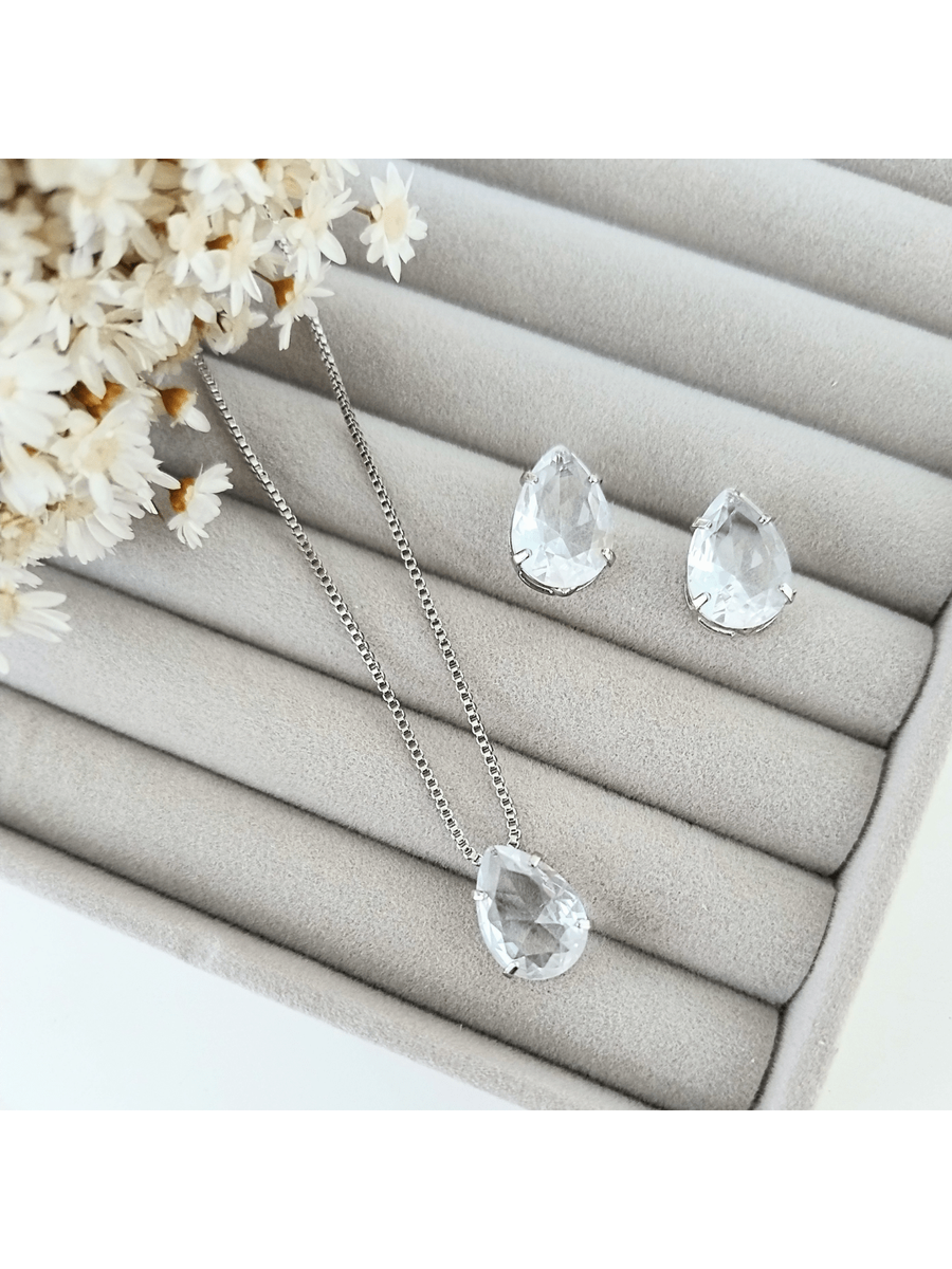 KIT COLAR COM BRINCO GOTINHA CRISTAL ZIRCONIA PRATA Cor:cristal