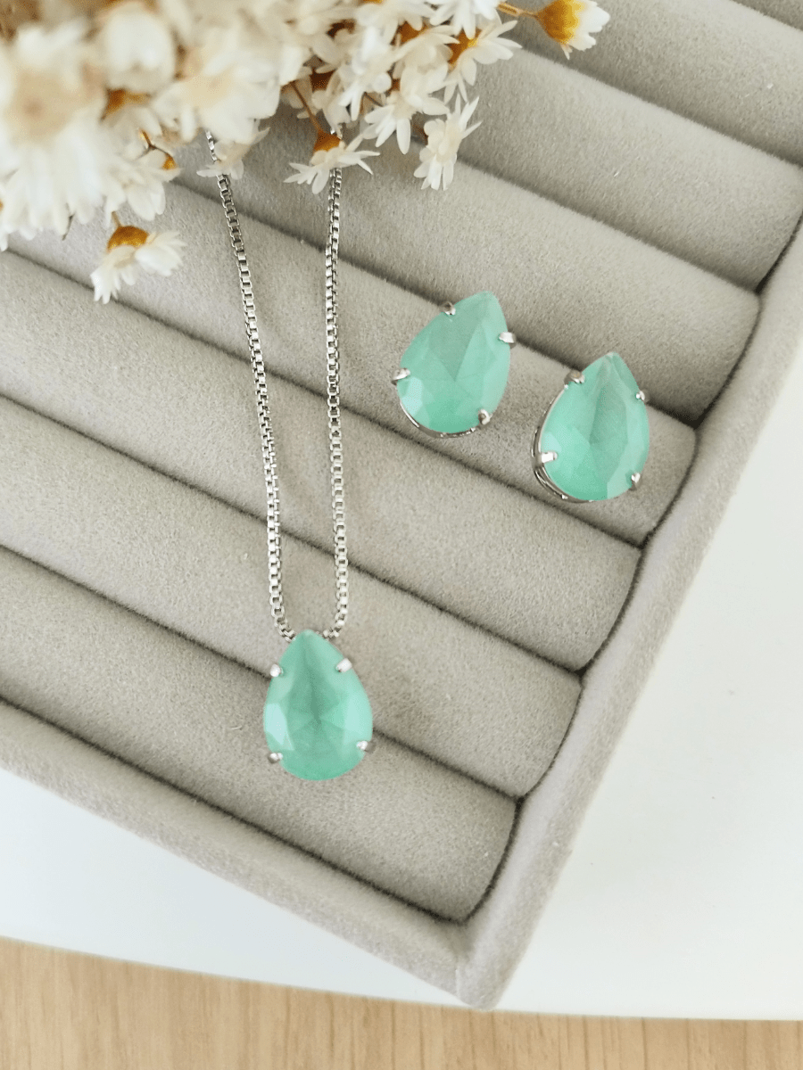 KIT COLAR COM BRINCO MENTA FOSCO BANHO DE PRATA Cor:MENTA FOSCO