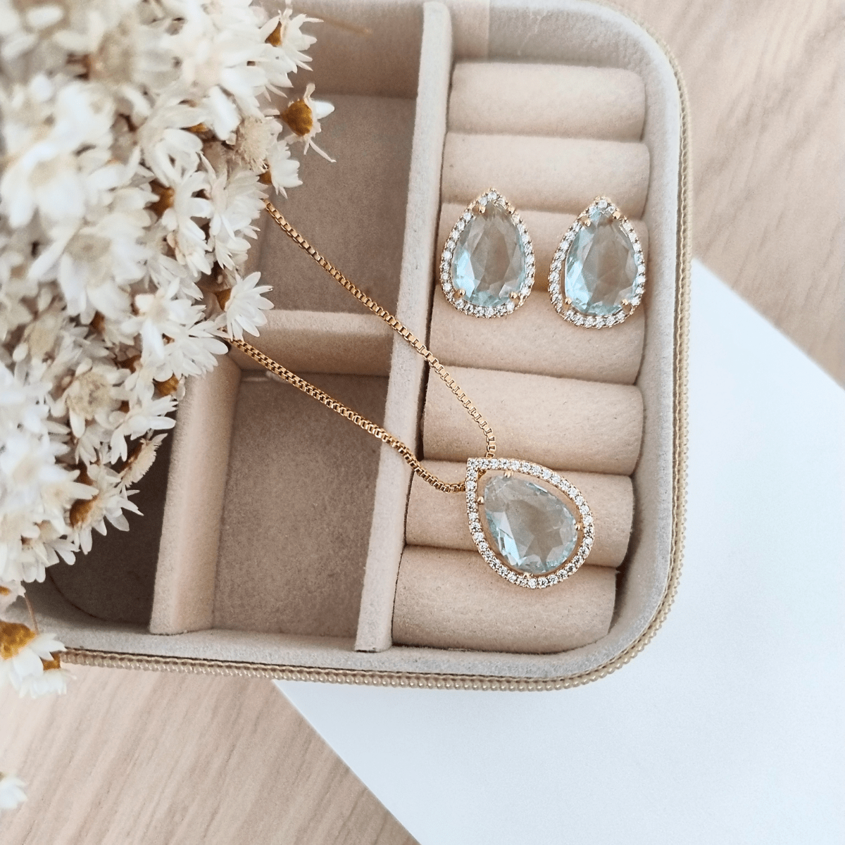 KIT COLAR COM BRINCO POLLY DE ZIRCONIA AZUL Cor:Azul