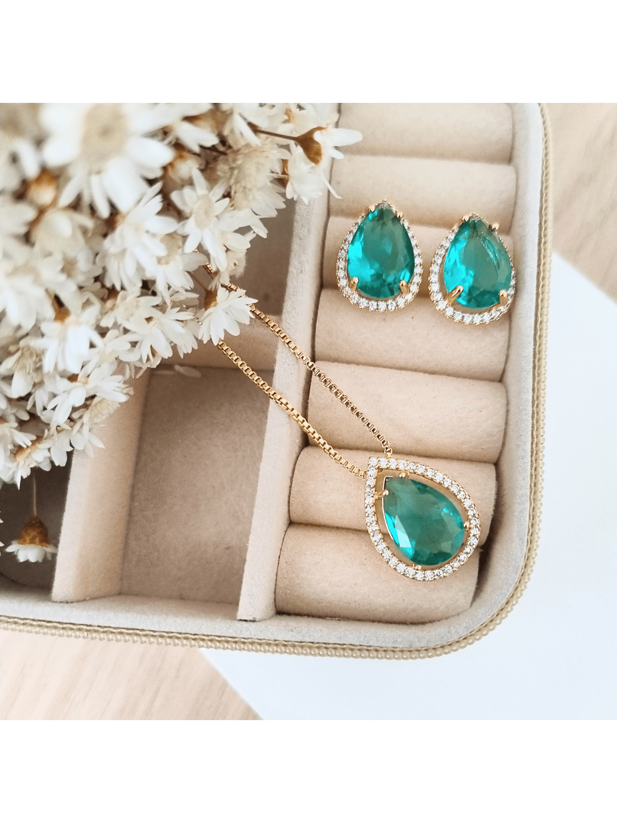 KIT COLAR COM BRINCO POLLY  DE ZIRCONIA VERDE TURMALINA Cor:VERDE TURMALINA