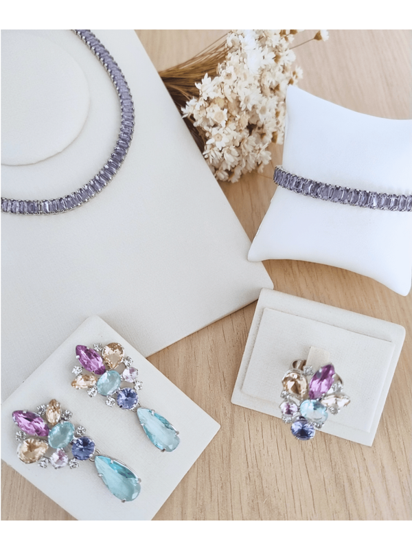 KIT 4 PEÇAS DAY COLLOR DE ZIRCONIA BANHO PRATA Cor:Multicolorido