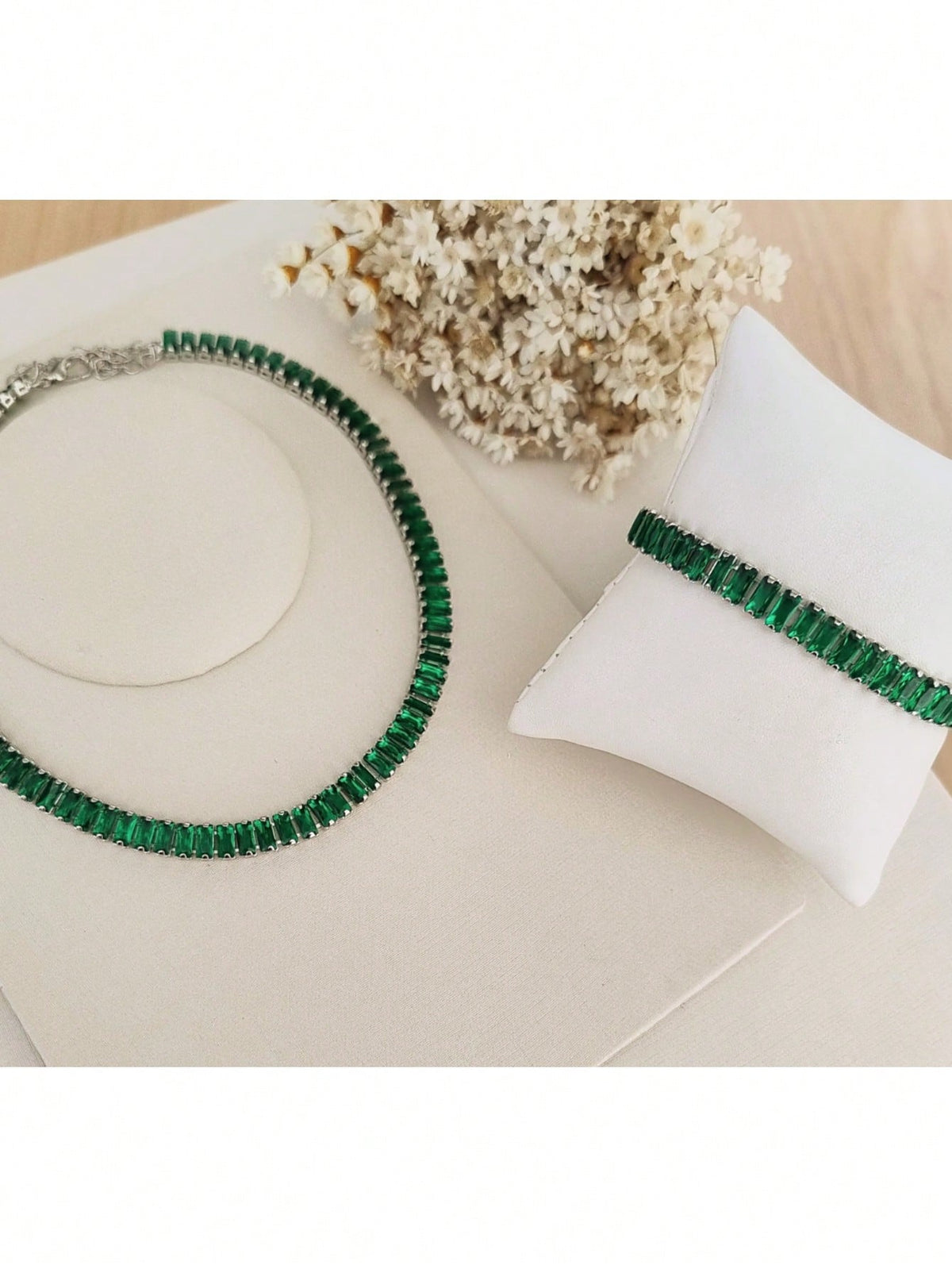 KIT CHOCKER COM PULSEIRA RAFAS ESMERALDA DE ZIRCONIA PRATA Cor:ESMERALDA