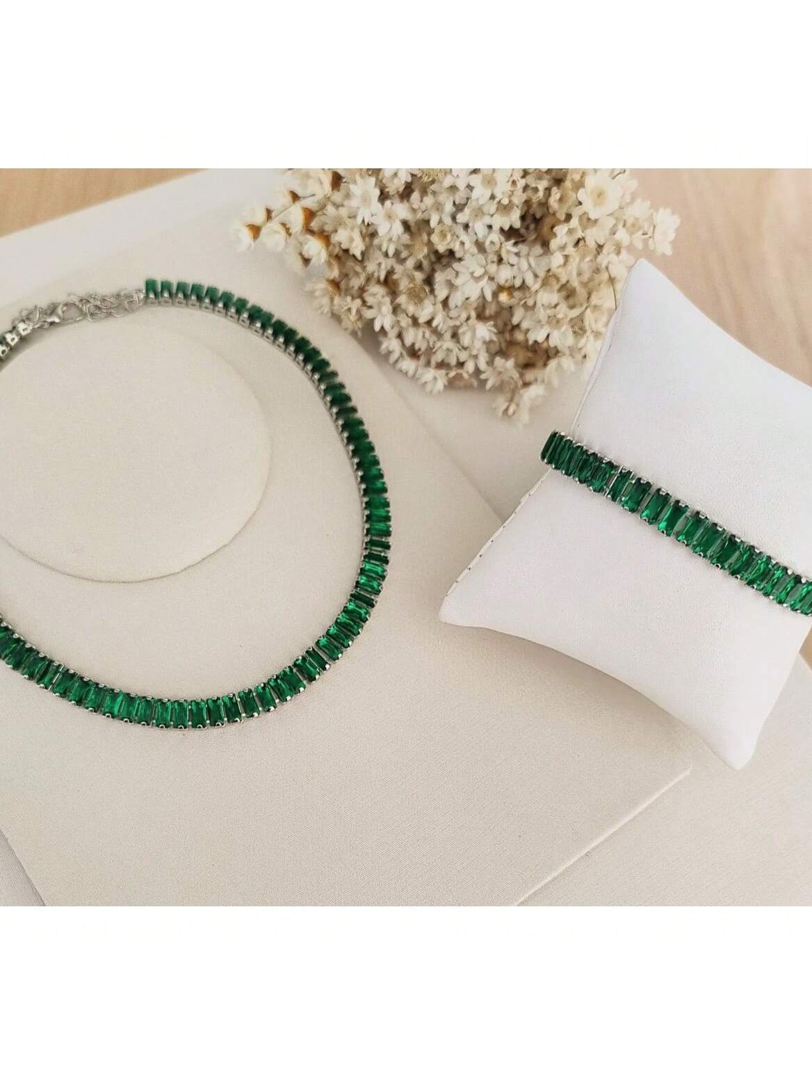 KIT CHOCKER COM PULSEIRA RAFAS ESMERALDA DE ZIRCONIA PRATA Cor:ESMERALDA