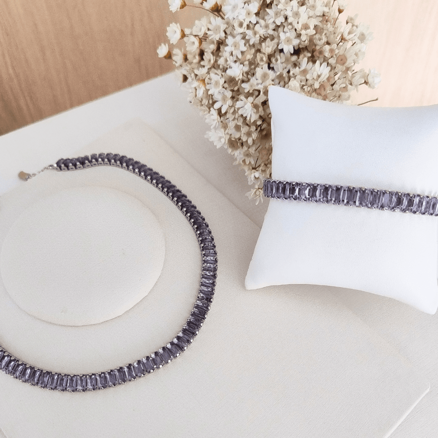 KIT CHOCKER COM PULSEIRA RAFAS LILAS DE ZIRCONIA BANHO PRATA Cor:LILAS