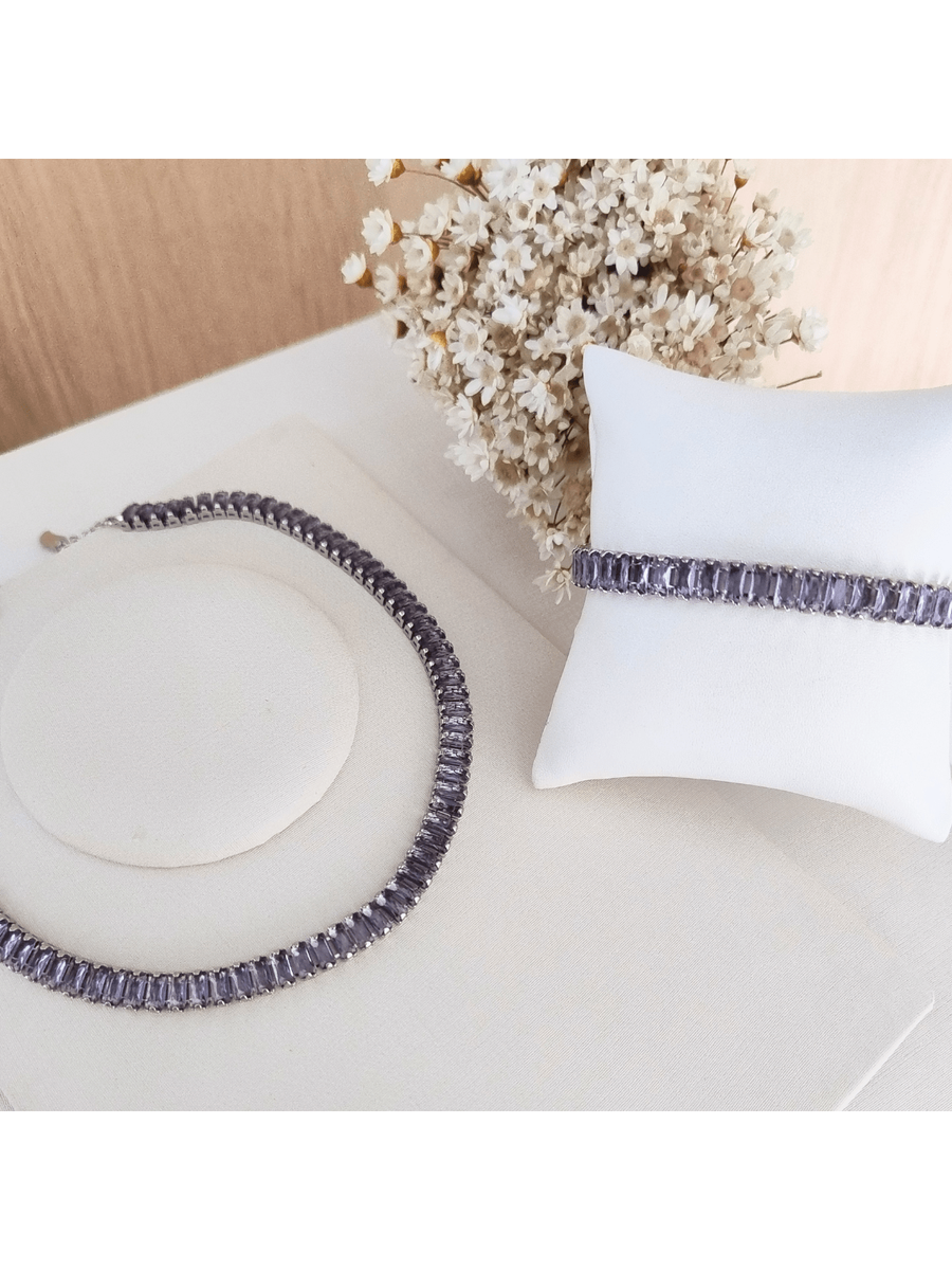 KIT CHOCKER COM PULSEIRA RAFAS LILAS DE ZIRCONIA BANHO PRATA Cor:LILAS