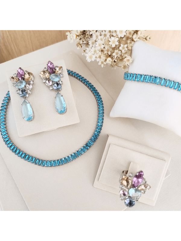 KIT 4 PEÇAS DAY COLLOR BLUE DE ZIRCONIA BANHO PRATA Cor:Multicolorido