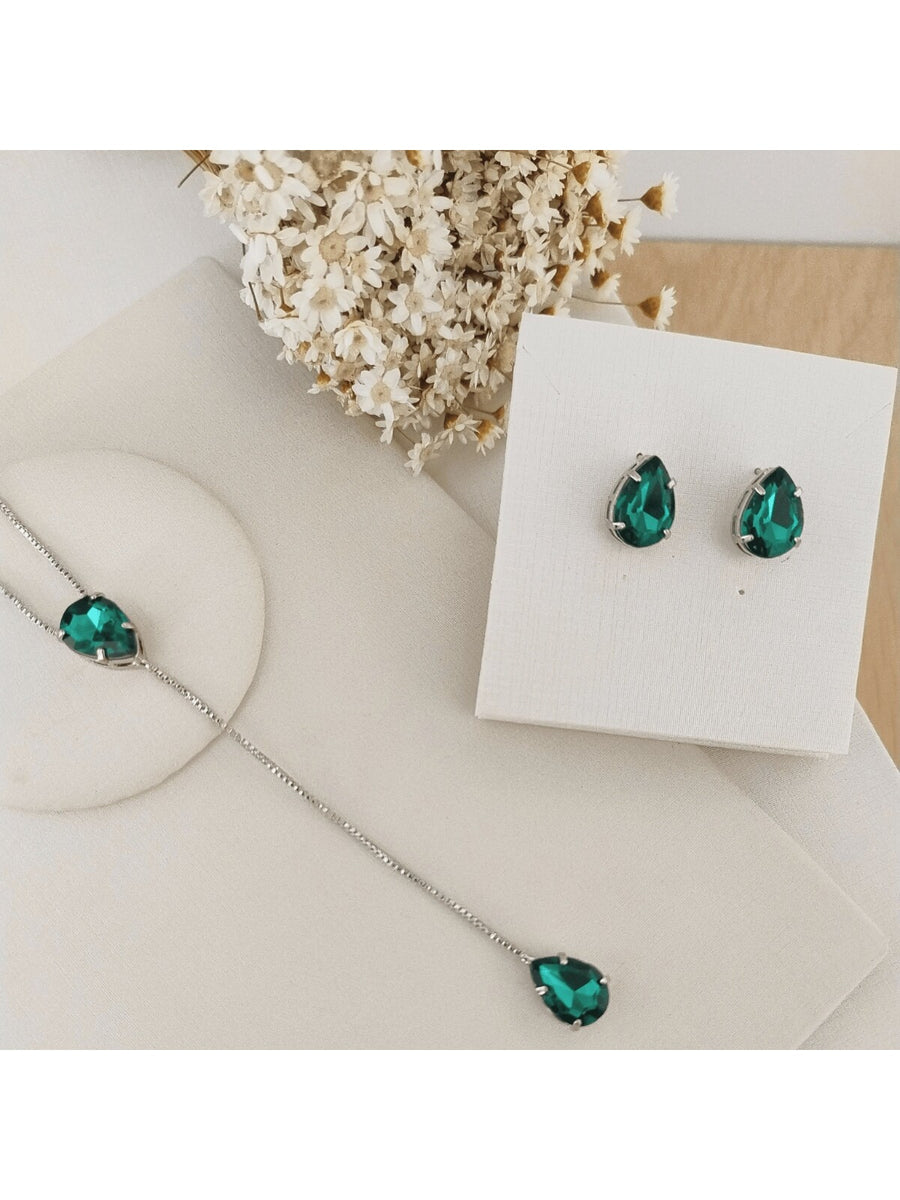 KIT COLAR COM BRINCO V E V BANHO PRATA Cor:ESMERALDA