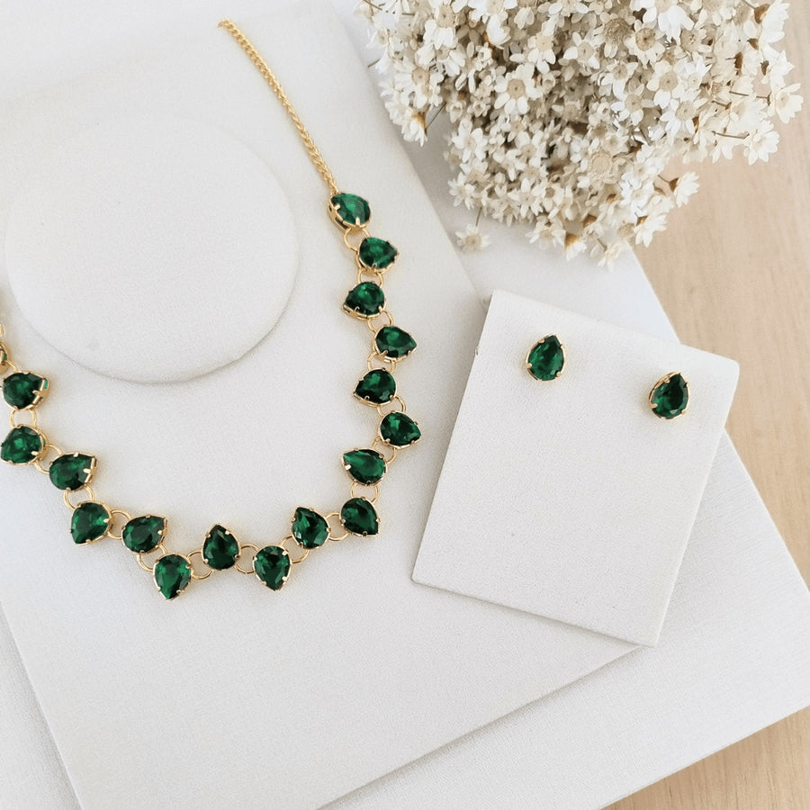 KIT COLAR COM BRINCO MANAUS DE ZIRCONIA BANHO OURO Cor:ESMERALDA