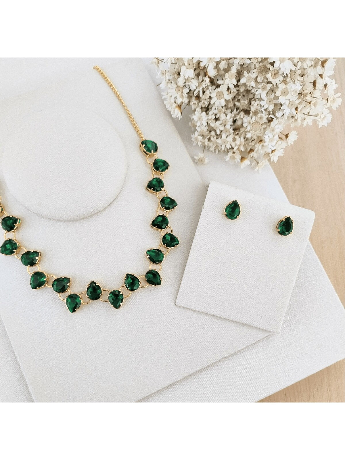 KIT COLAR COM BRINCO MANAUS DE ZIRCONIA BANHO OURO Cor:ESMERALDA