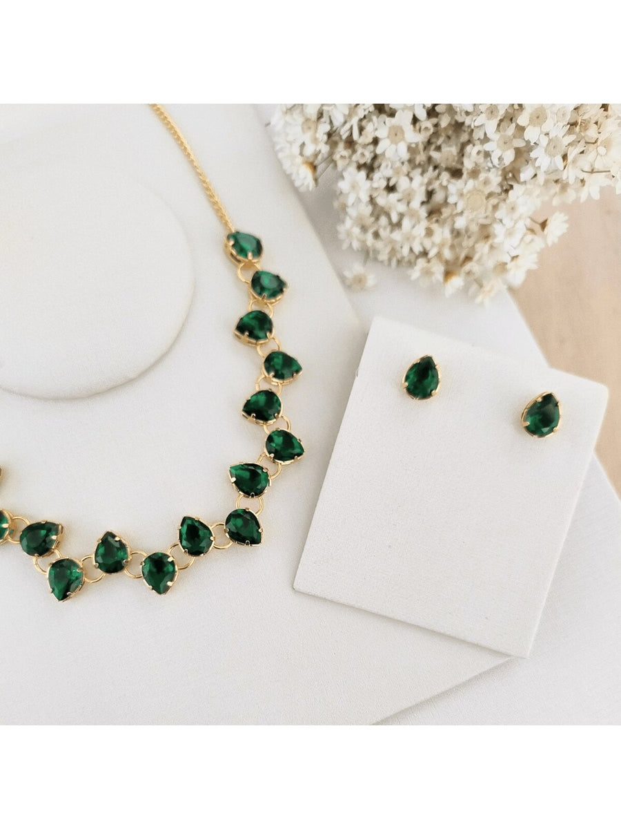 KIT COLAR COM BRINCO MANAUS DE ZIRCONIA BANHO OURO Cor:ESMERALDA