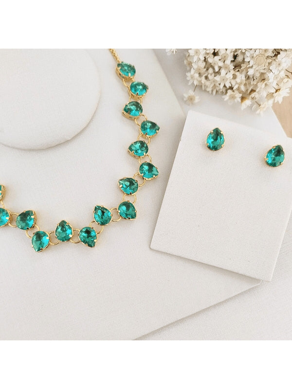 KIT COLAR COM BRINCO MANAUS DE ZIRCONIA BANHO OURO Cor:VERDE TURMALINA