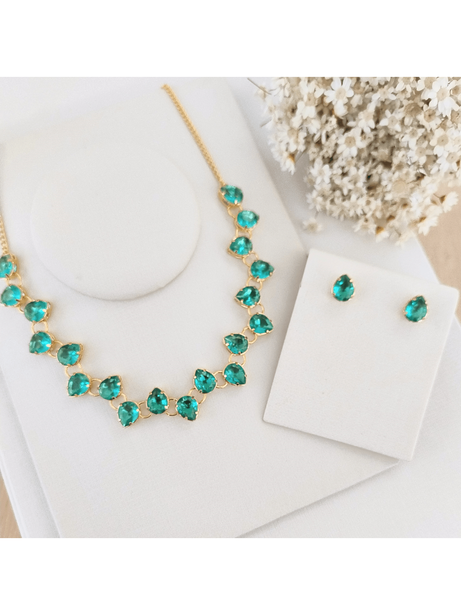 KIT COLAR COM BRINCO MANAUS DE ZIRCONIA BANHO OURO Cor:VERDE TURMALINA