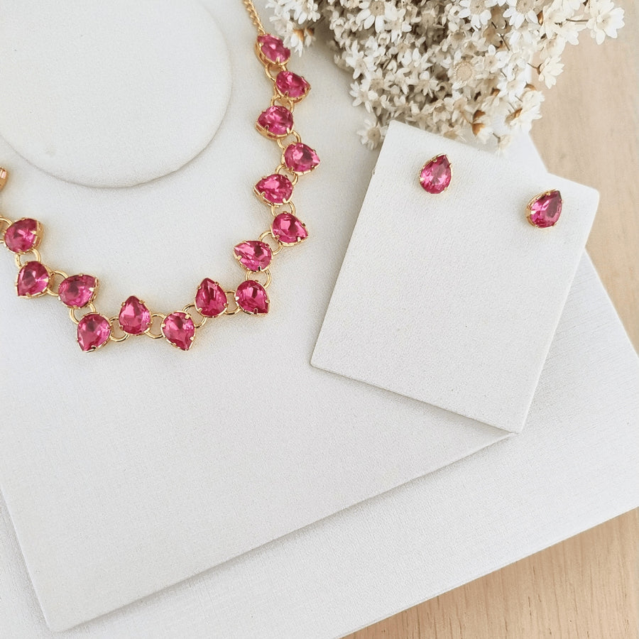 KIT COLAR COM BRINCO MANAUS DE ZIRCONIA BANHO OURO Cor:Rosa chiclete