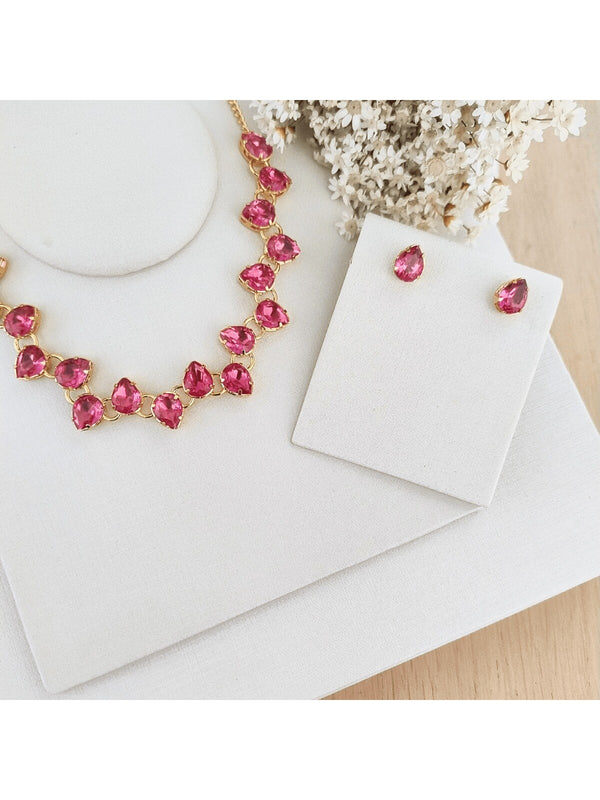 KIT COLAR COM BRINCO MANAUS DE ZIRCONIA BANHO OURO Cor:Rosa chiclete
