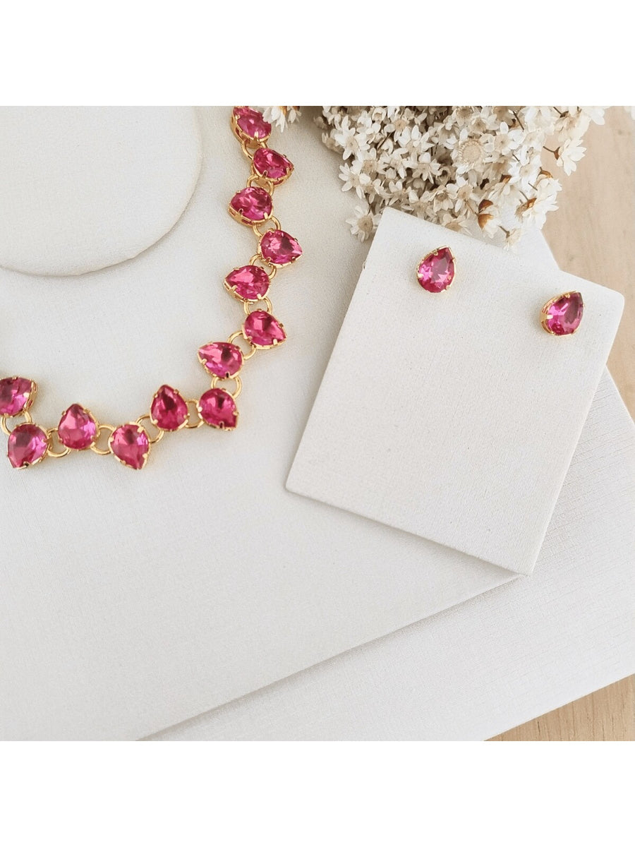 KIT COLAR COM BRINCO MANAUS DE ZIRCONIA BANHO OURO Cor:Rosa chiclete