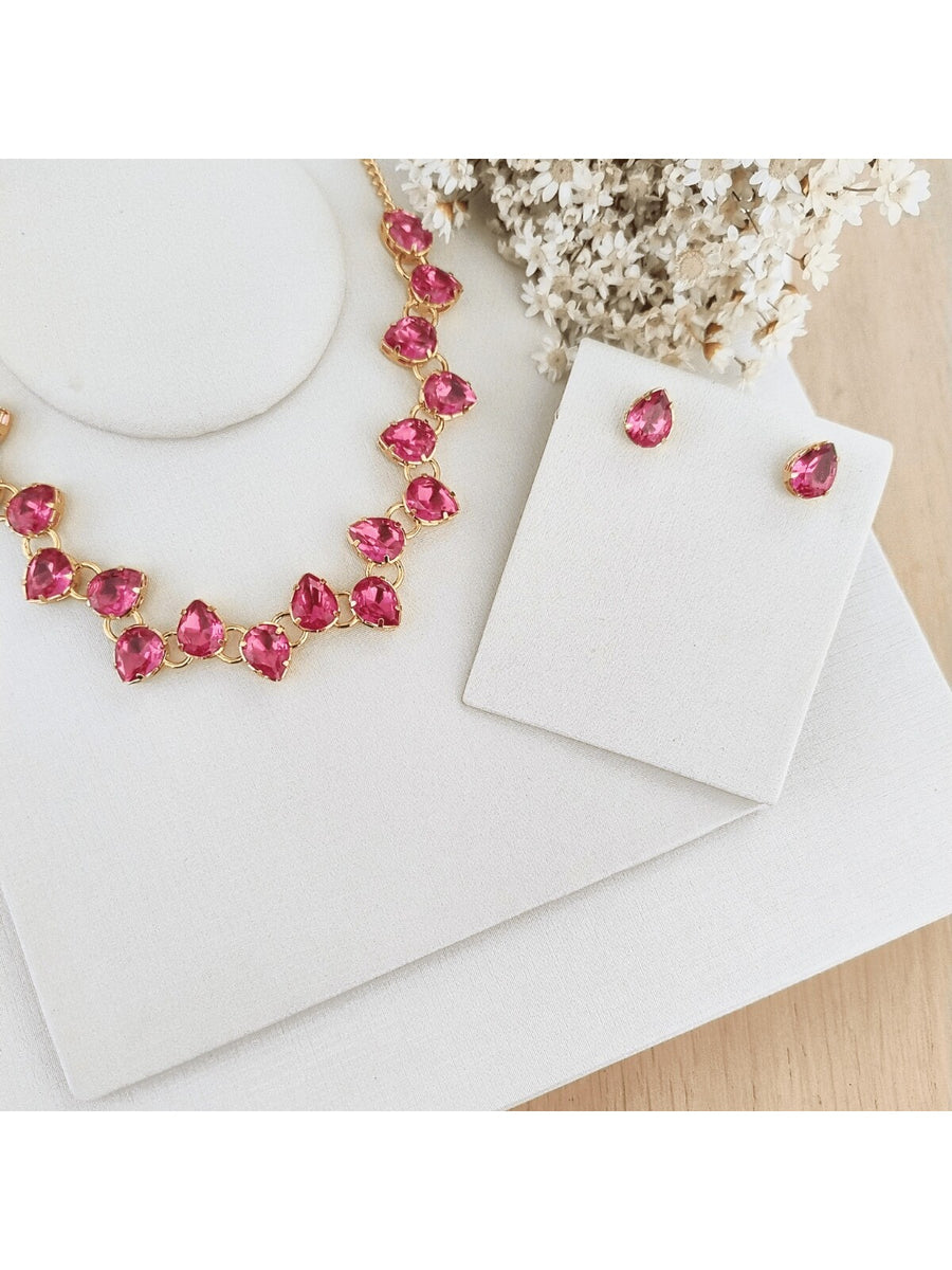 KIT COLAR COM BRINCO MANAUS DE ZIRCONIA BANHO OURO Cor:Rosa chiclete
