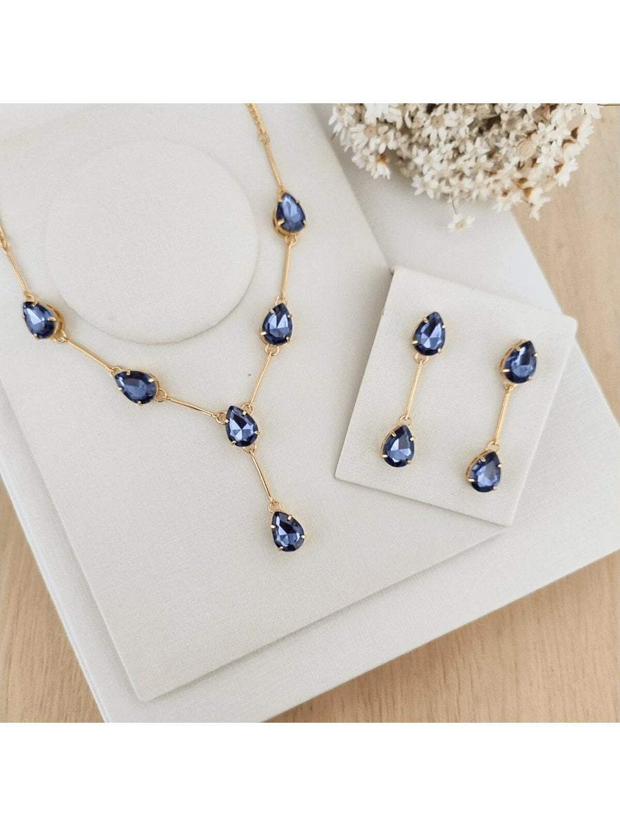 KIT COLAR COM BRINCO SALULA BANHO OURO Cor:AZUL SAFIRA