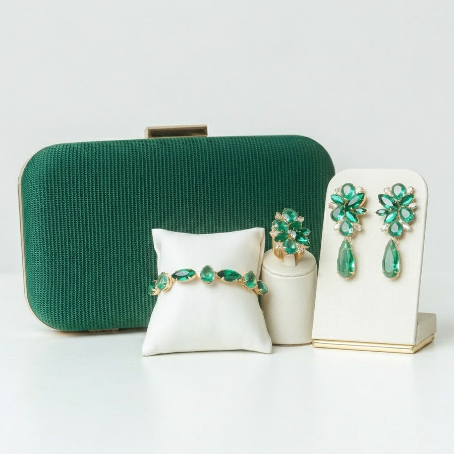 Kit 4 Peças Clutch, Brinco, Bracelete e Anel Regulável Liz Tons de Verde Dourado