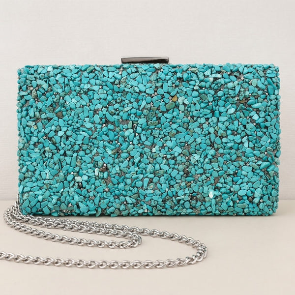 Clutch de Pedrinhas Azul Claro Turquesa Detalhe Prata