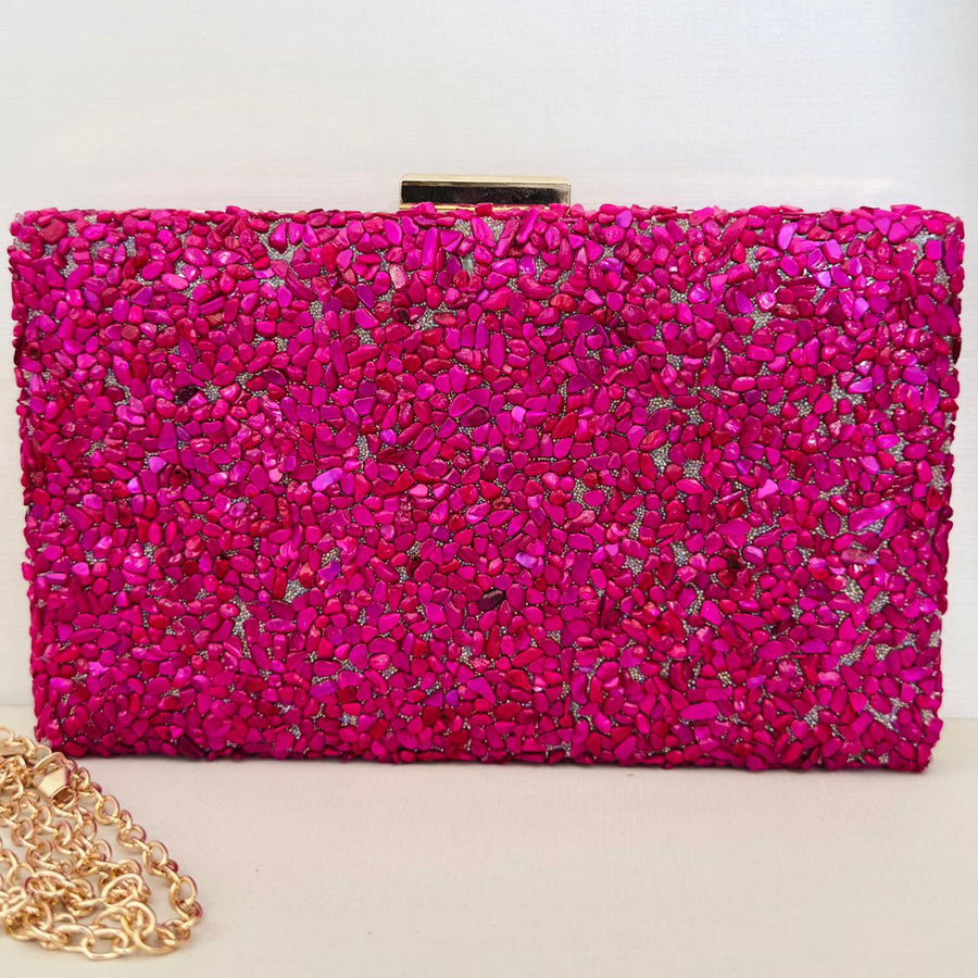 Clutch de Pedrinhas Rosa Pink Detalhe Dourado