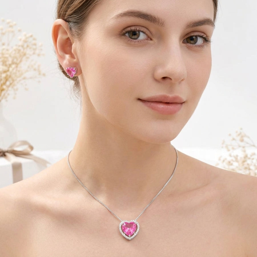 Kit Brinco e Colar Coração de Zircônia Rosa Banho Prata