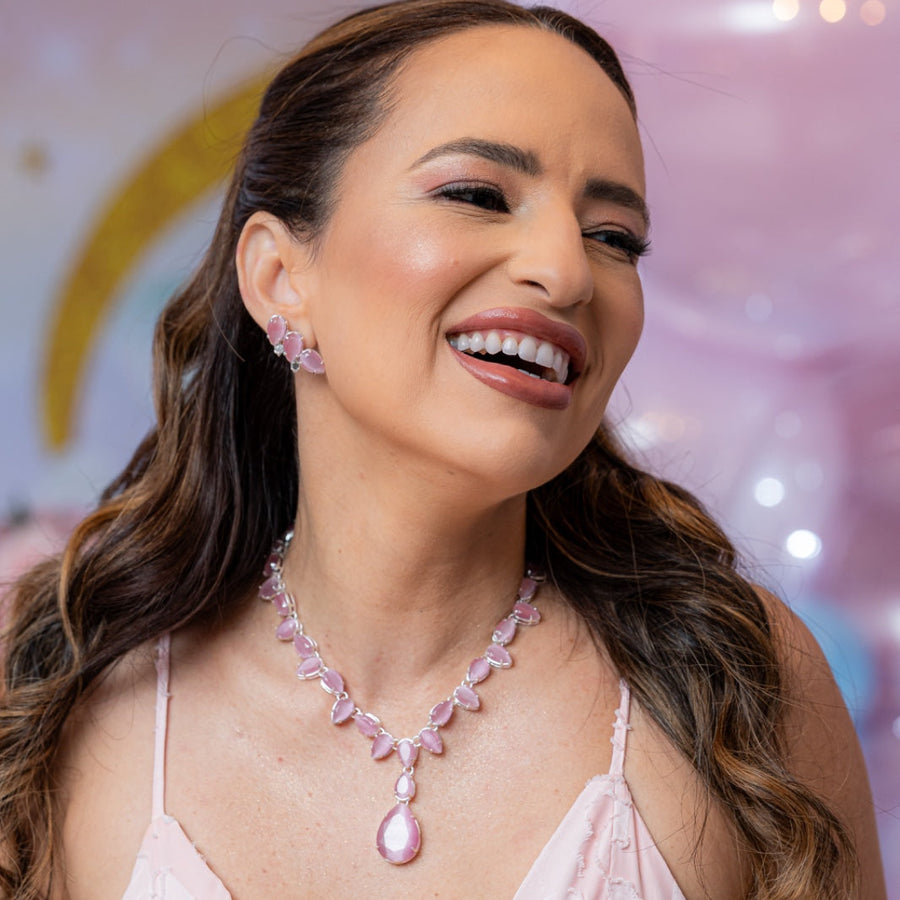 Kit Brinco Ear Kurf e Colar da Boss Zircônia Perólado Rosa Banho Prata