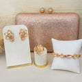 Kit 4 Peças Clutch, Brinco, Bracelete e Anel Regulável Bronx de Zircônia Nude Dourado