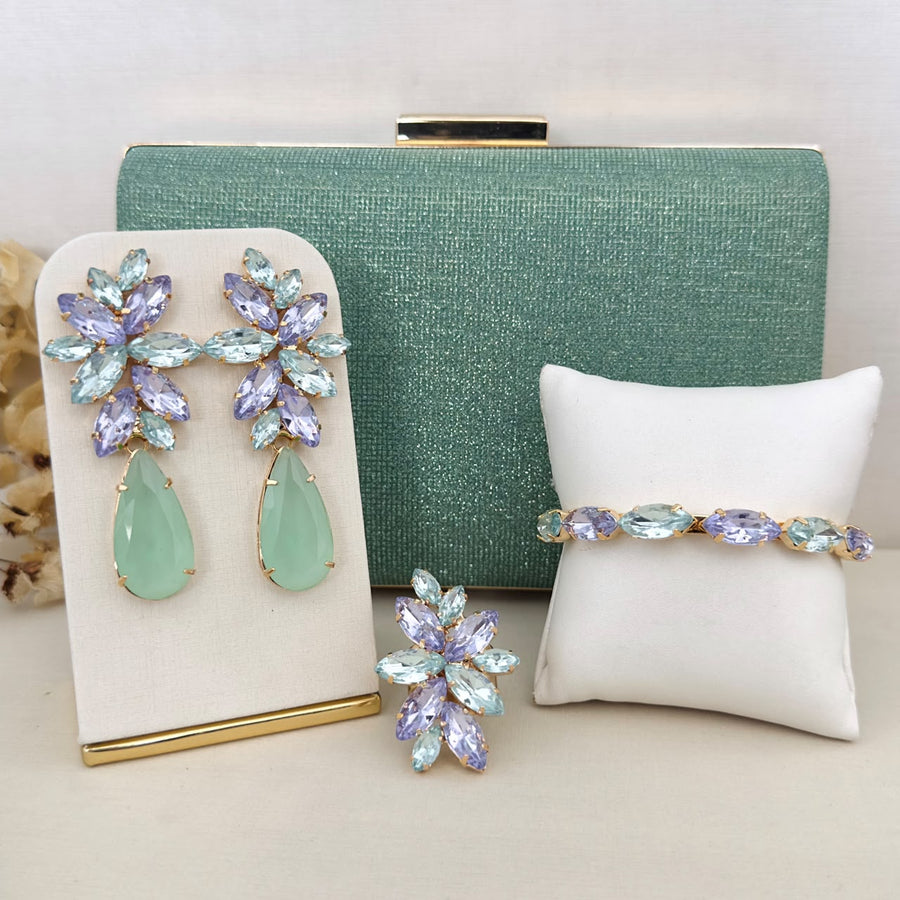 Kit 4 Peças Clutch Brilhosa, Brinco, Anel e Bracelete Londres Lilás com Menta Banho Dourado
