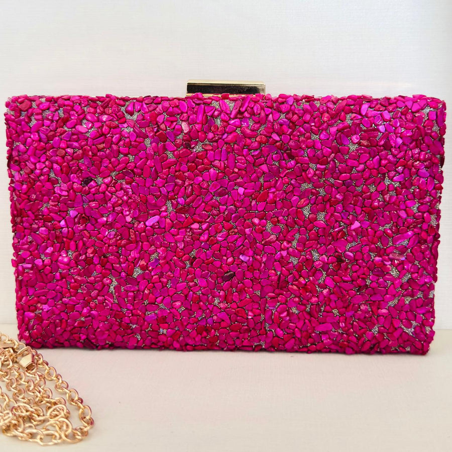Clutch de Pedrinhas Rosa Pink Detalhe Dourado